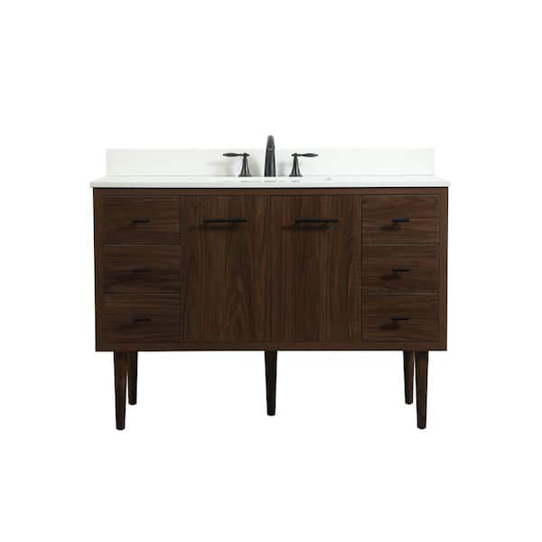 Unbranded Simply Living 48 in. W x 22 in. D x 33.5 in. H Bath Vanity in Walnut with Ivory White Engineered Marble Top