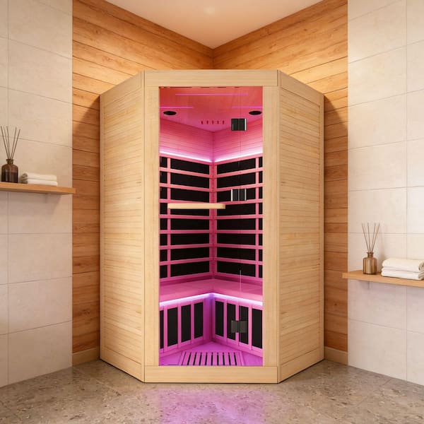 Felixo 2-Person Indoor Canadian Hemlock Pentagonal Infrared Sauna with 9 Carbon Crystal Heaters and Chromotherapy Lights