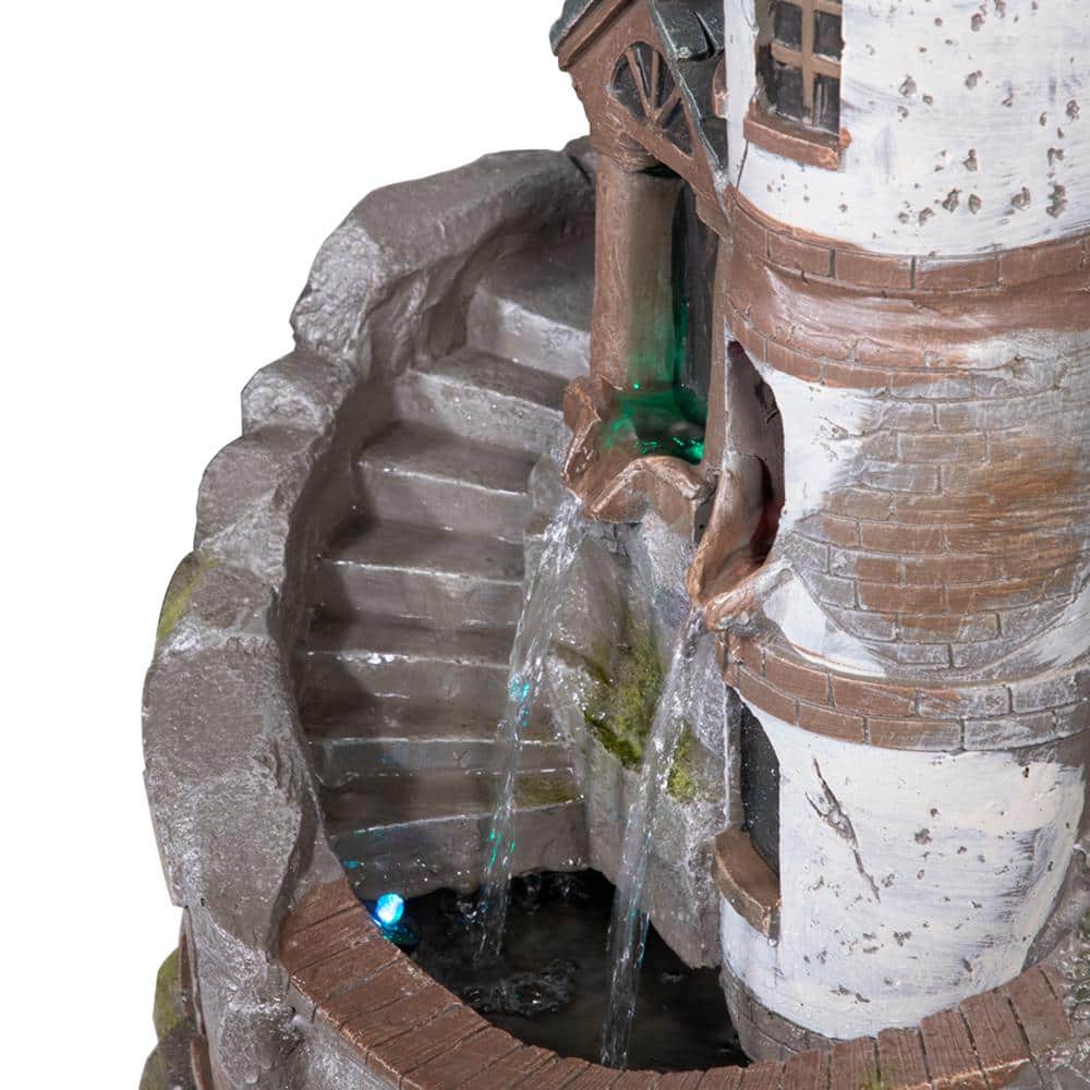 35" Gray Cement Outdoor Castle Fountain with LED Lights