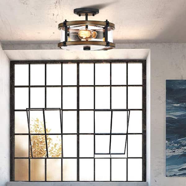 Mousse 12.2 in. W 2-Light Semi Flush Mount with Matte Black, Barnwood Accents and Seeded Glass Shade