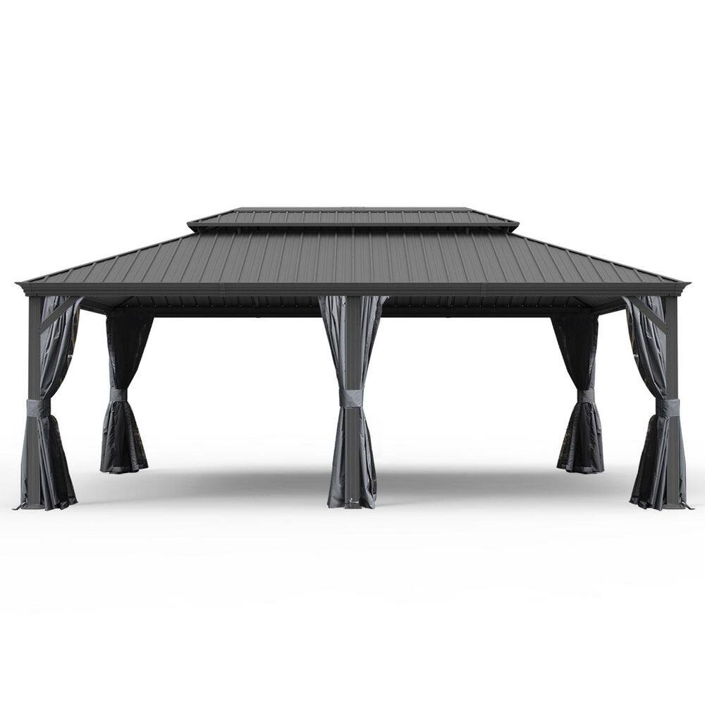 14 ft. x 24 ft. Gray Metal Galvanized Steel Roof Hardtop Gazebo with Curtains and Netting price history on PriceWatchPro