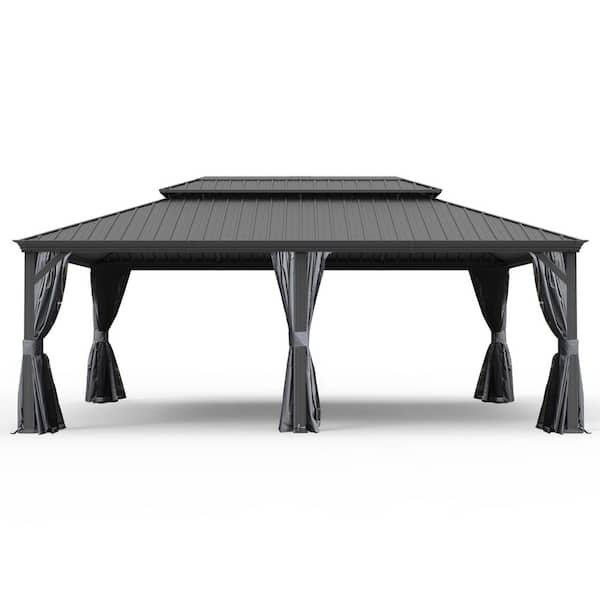 14 ft. x 24 ft. Gray Metal Galvanized Steel Roof Hardtop Gazebo with Curtains and Netting