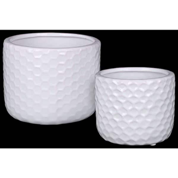 Benjara White Ceramic Round Vase With Engraved Diamond Pattern Set Of 2