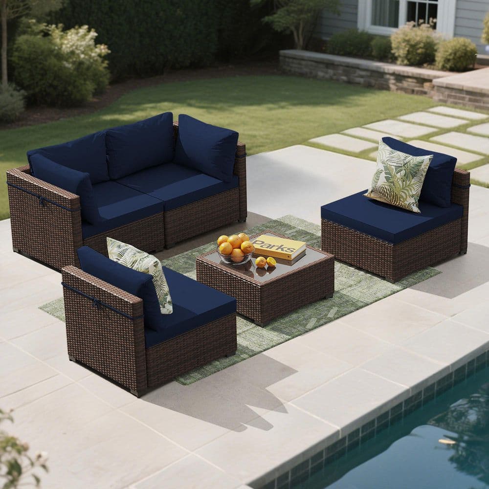 5-Piece Brown Wicker Sectional Seating Group with Coffee Table and Navyblue Cushions price history on PriceWatchPro