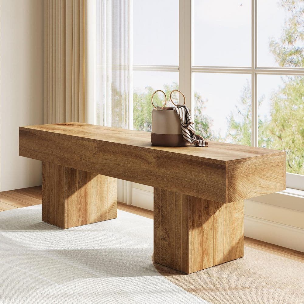 Light Brown 55 in. Entryway Bench, Farmhouse Wood Indoor Bench for Bedroom, Living Room, Dining Room