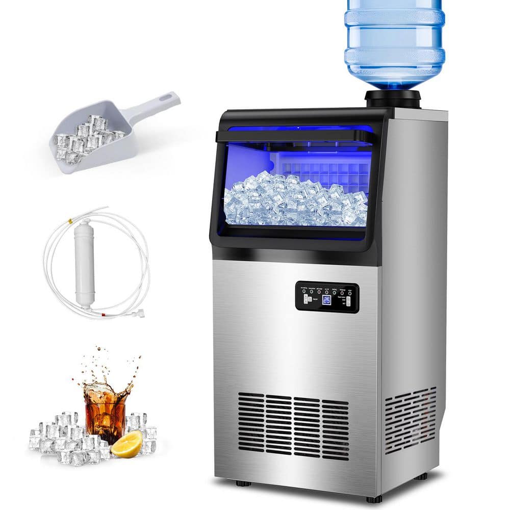 14 in. 120 lbs. Full Size Ice Cubes per day Ice Maker with Water Filter Interior Blue LEDs in Silver Stainless Steel