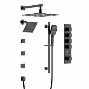 IntelliFlow 3-Jet 12in. and 6in. Dual Wall Mount Fixed with Slide Bar Hand-Shower and Thermostatic Valve in Matte Black