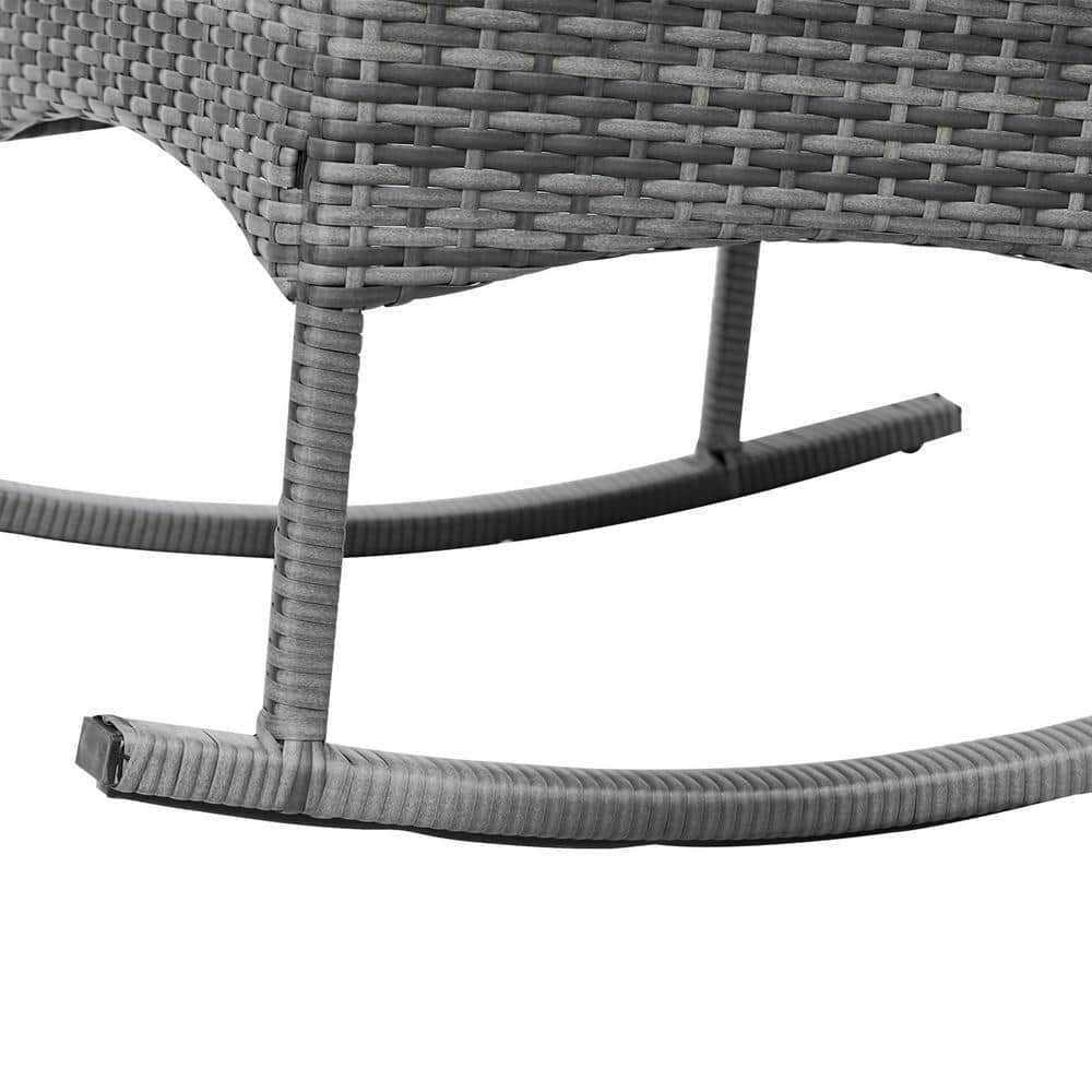 Gray PE Rattan Rocking Chair Set with Cushions and Wood Table