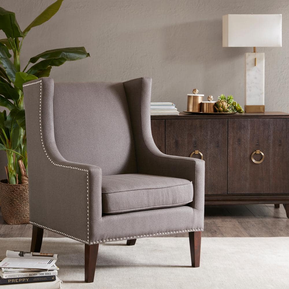 Dark Gray Wood Accent Chair with Herringbone Fabric