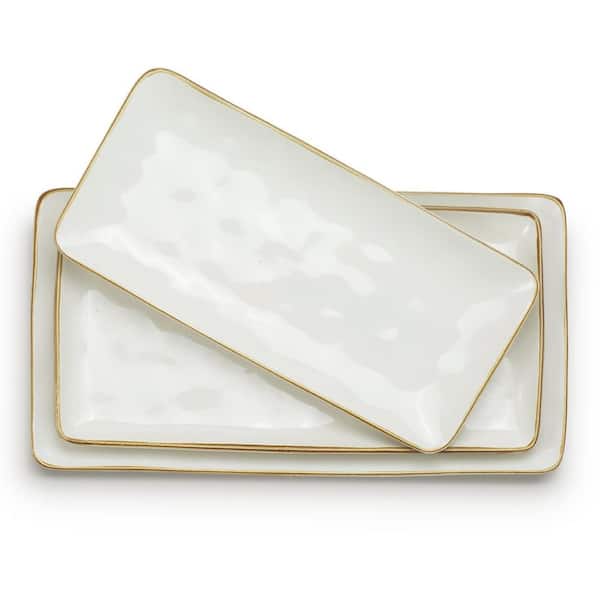 14.1 in. Vanilla White Fine Stoneware Rectangular Serving Tray for Entertaining, Microwave Dishwasher Safe (Set of 3)