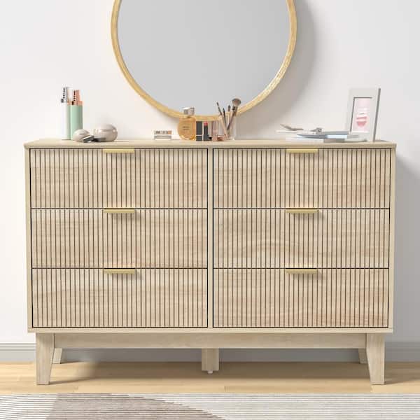 Aupodin Modern 6-Drawer Dresser with Vertical Ribbed Drawers, Light Wood Bedroom Storage Unit with Gold Handles