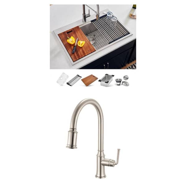 Simoni Brushed Nickel Pull Down Faucet and Siena 33 in. Stainless Steel Workstation Sink Combo