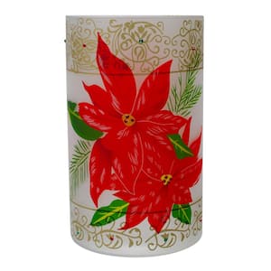 10 in. Hand-Painted Red Poinsettias and Gold Flameless Glass Christmas Candle Holder