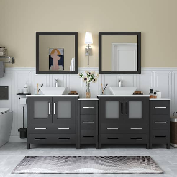 Vanity Art Ravenna 84 in. W Bathroom Vanity in Espresso with Double Basin in White Engineered Marble Top and Mirrors