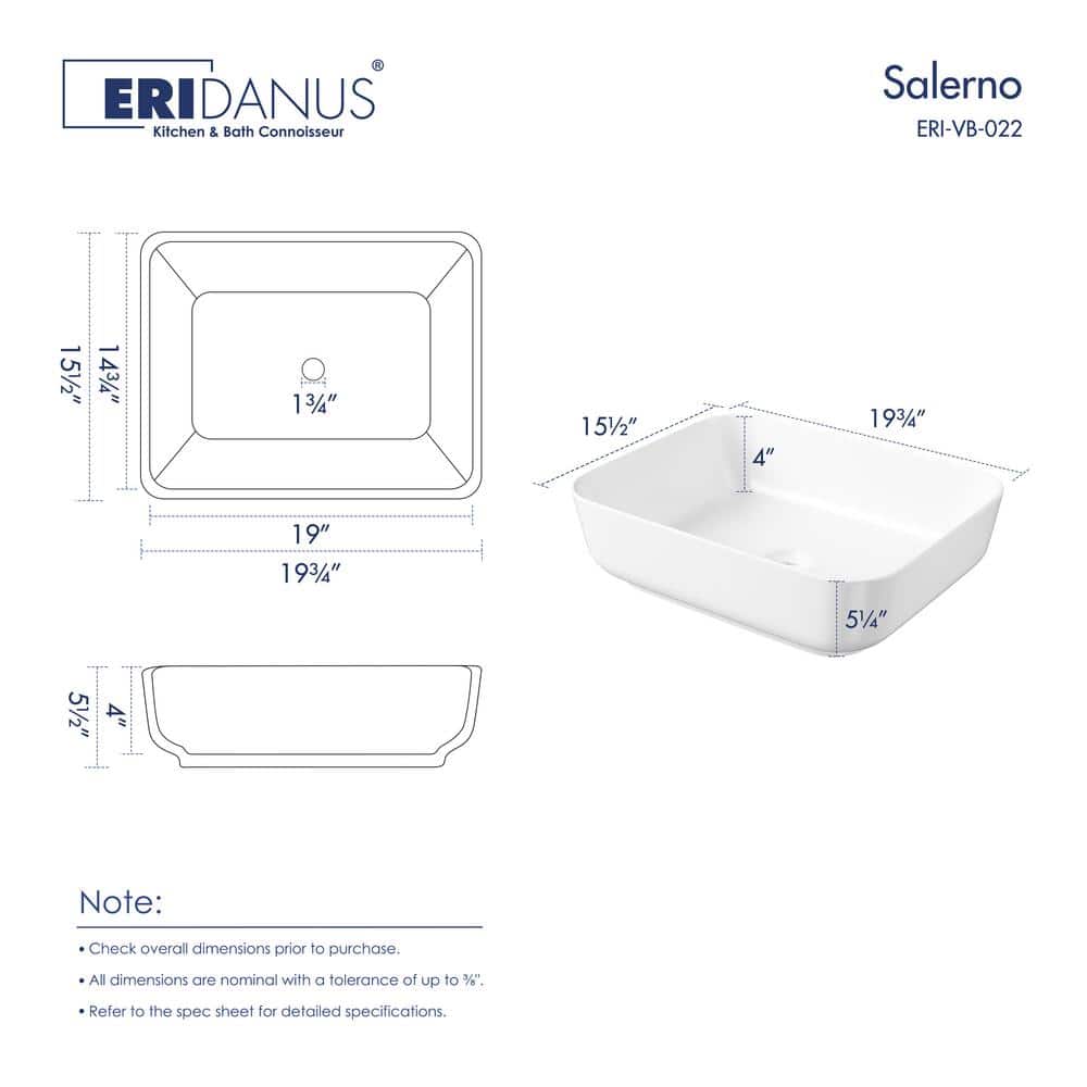 Salerno 20" x 15" White Vitreous China Rectangular Vessel Sink