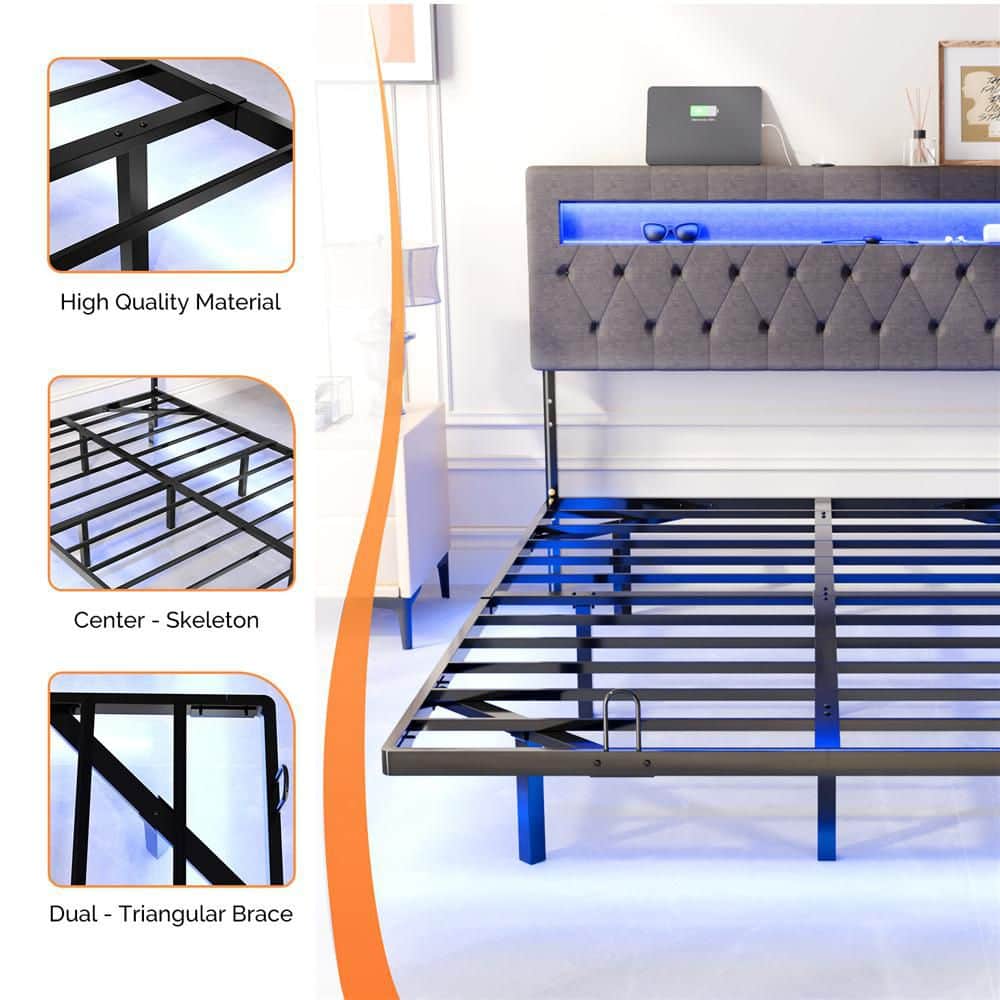 Gray Full Size Floating Bed Frame with Upholstered Headboard/Charging Station,RGB LED Lights - thumbnail 10