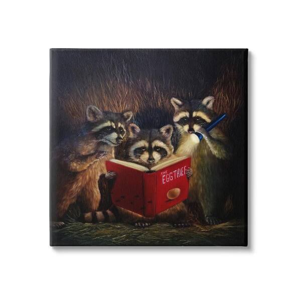Stupell Industries Fun Raccoon Trio Reading Book by Lucia Heffernan 1-Piece Wrapped Unframed Animal Graphic Art Print 36 in. x 36 in.