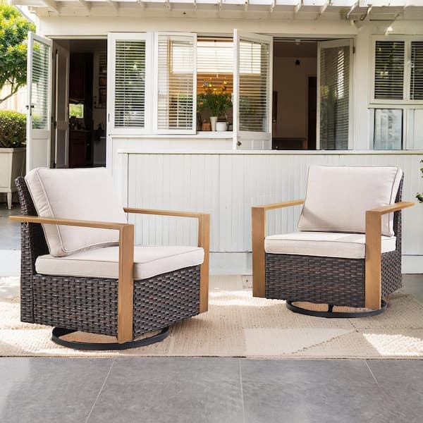 Gymojoy Allcot Brown Wicker Patio Swivel Chair Set Outdoor Rocking Chair with CushionGuard Beige Cushions (2-Pack）