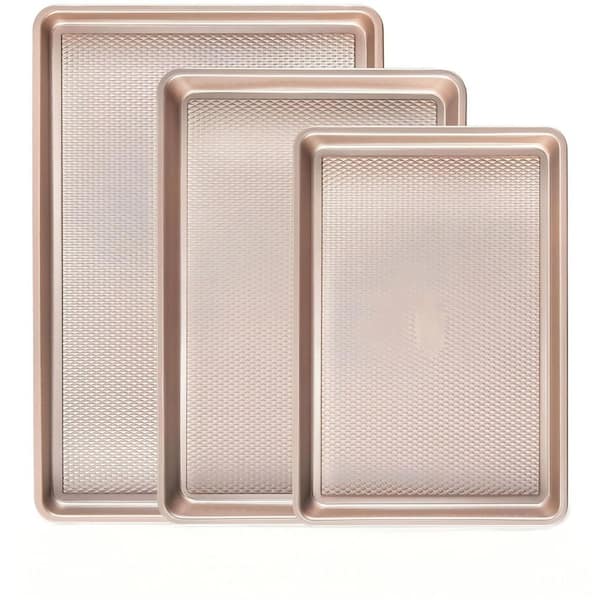 3-Piece Carbon Steel Baking Sheet Pan Set with Diamond Texture Pattern, Heavy Duty Cookie Tray for Oven, Champagne Gold