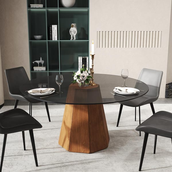 J&E Home Round Brown Glass 59.05 in. Pedestal Dining Table with Unique Wood Base (Seats 8)