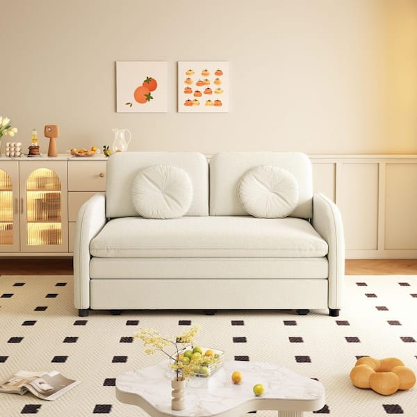 Seafuloy Beige Chenille Convertible Full Size Sofa Bed with USB