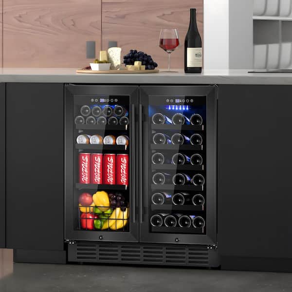 30 in. Dual Zone 32-Bottle and 80-Can Beverage and Wine Cooler in Black Built-In Blue LED Removable Shelves