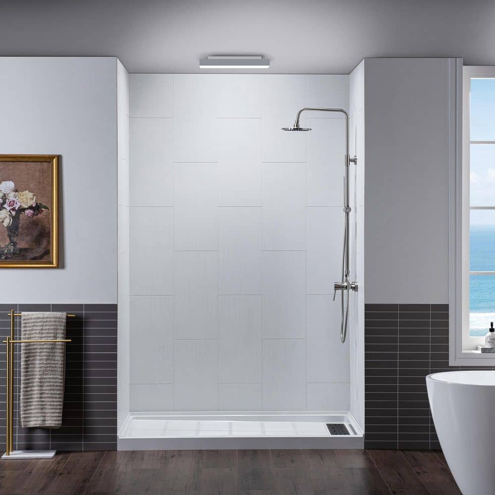 Matte White Composite Alcove Shower Wall Panels, 75" H x 60" W