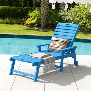 Oversized Plastic Outdoor Chaise Lounge Chair with Wheels and Adjustable Backrest for Poolside Patio Garden-Blue