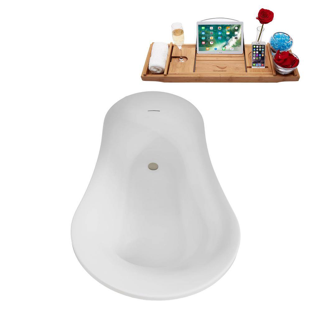 60" Glossy White Acrylic Freestanding Double Slipper Tub with Brushed Nickel Drain