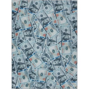 Money Dollar Front Novelty Printed Green Blue 9 ft. 10 in. x 13 ft. Area Rug