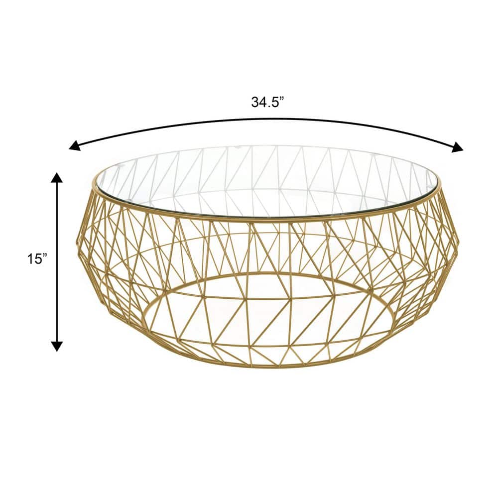 Modern Malibu 35" Round Glass Coffee Table with Geometric Gold Base