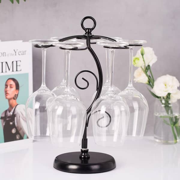 Black Freestanding Tabletop Stemware Rack Metal Wine Glass Storage Organizer 6 Hooks Anti-Rust Modern Design