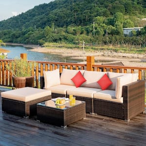 Island 5-Piece Wicker Outdoor Patio Rattan Furniture Sectional Conversation Set with Beige Cushion