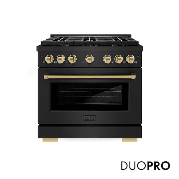 Autograph 36 in. 5.2 cu. ft. Paramount Gas Range with 6-Burner Cooktop and Gas Oven in Black Stainless and Champagne
