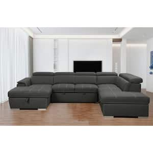 128 in. U-Shaped Polyester Sectional Sofa in Grey with Pull-out Bed, Storage Seat