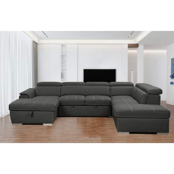 sumyeg 128 in. U-Shaped Polyester Sectional Sofa in Grey with Pull-out Bed, Storage Seat
