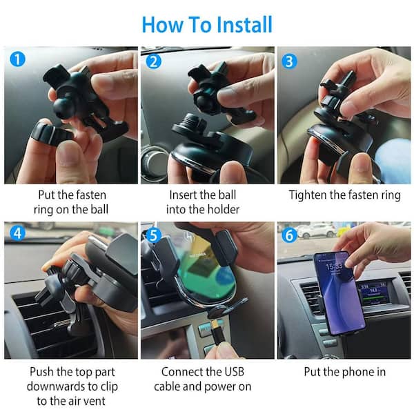 Unbranded - Car Wireless Phone Air Vent Phone Mount Holder Bracket w/ Fast Charge 15 and 10-Watt 7.5-Watt Automatic Clamping Black