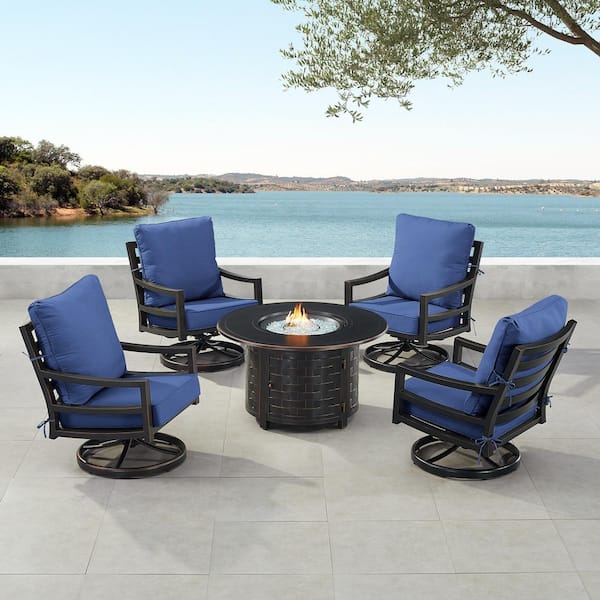 Oakland Living Black 7-Piece Aluminum Patio Fire Pit Set with 4-Club Chairs Blue Cushions