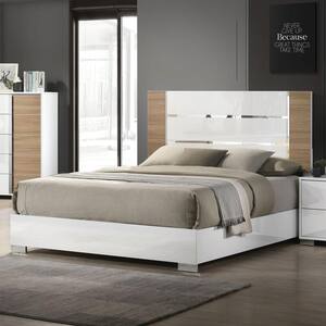 Ahndea Modern White Wood Frame King Panel Bed with Chrome Bracket Legs