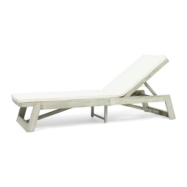Maki Grey 1-Piece Wood Outdoor Patio Chaise Lounge with Cream Cushions