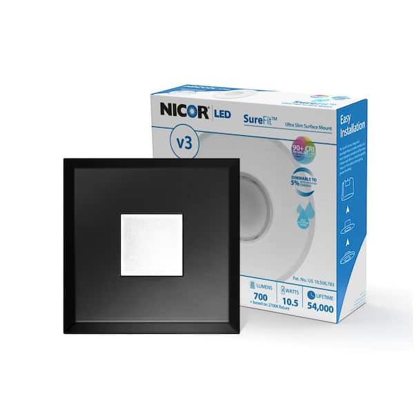 NICOR DLF SureFit(v3) 5 in. 10.1-Watt Square Black Integrated LED Recessed Light Trim, 3000K