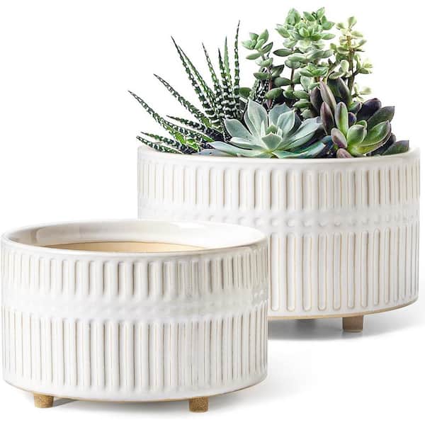 ITOPFOX Modern 8 in. L x 8 in. W x 5 in. H Reactive Glaze White Ceramic Round Indoor Planter (2-Pack)