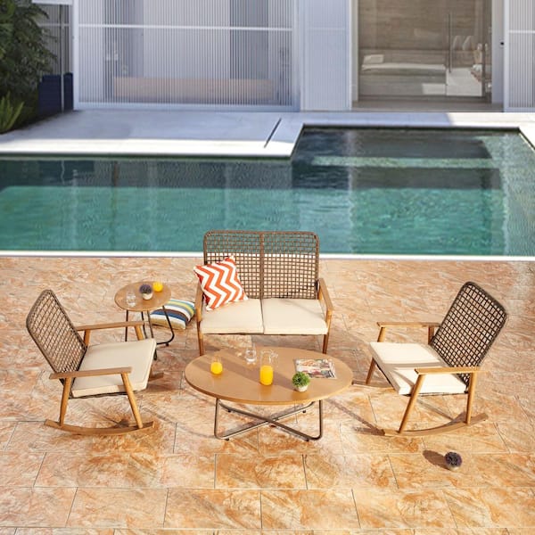 Patio Festival 5-Piece Metal Patio Conversation Set with Beige Cushions