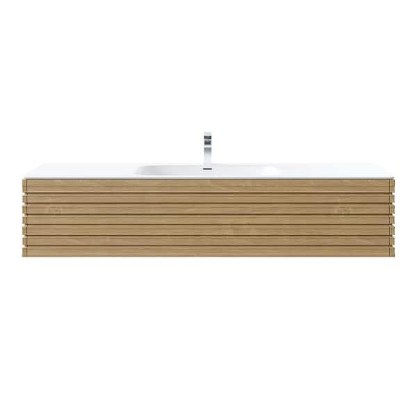 Allure 55 in. Single Sink Floating Natural Oak Bath Vanity with White Solid Surface Top (Assembled)