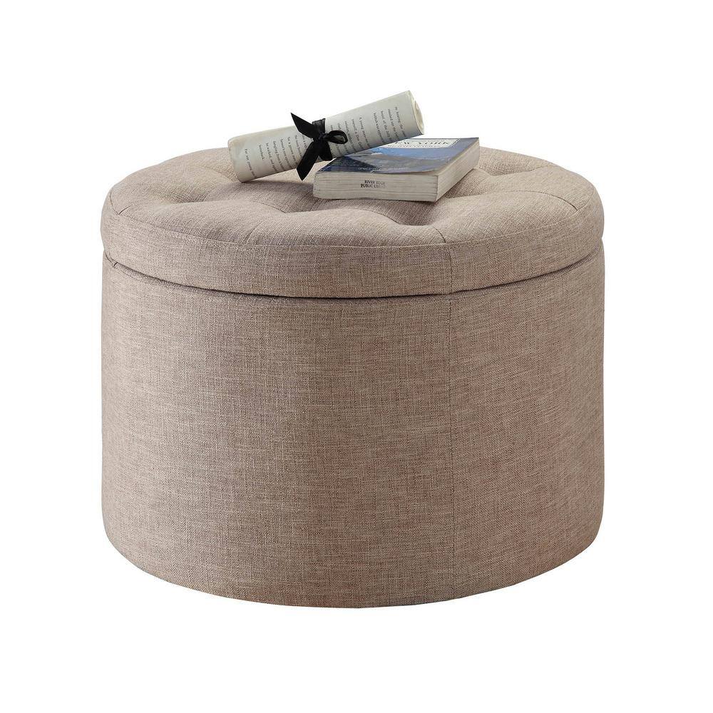 Beige Tufted Round Ottoman with Shoe Storage Compartments