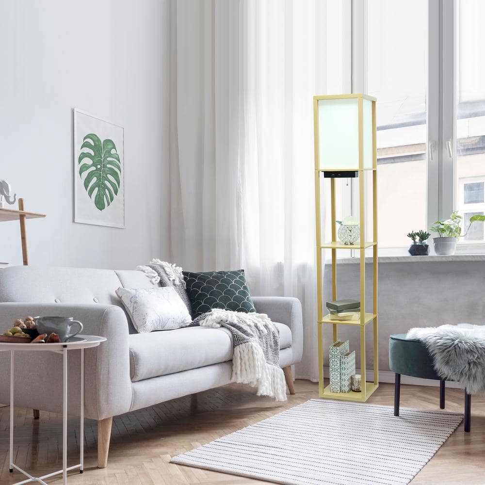 Tan Wood Floor Lamp with Shelves and Linen Shade