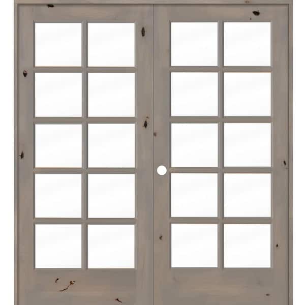Krosswood Doors 72 in. x 80 in. Knotty Alder Right-Handed 10-Lite Clear Glass Grey Stain Wood Double Prehung French Door