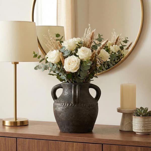 Liv & Skye 9.75 in. Black Ceramic Amphora Decorative Vase with