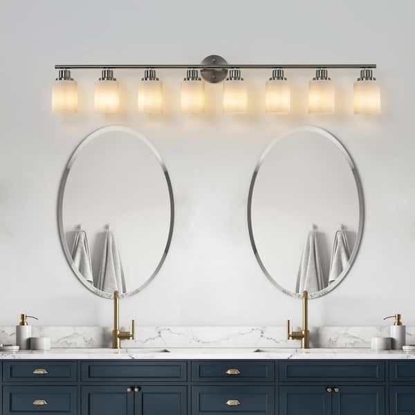 6.3 in. Modern 8 Light Nickel Vanity Light Wall Sconce, Brushed Nickel Finish with Frosted Glass Shades (No Bulbs)