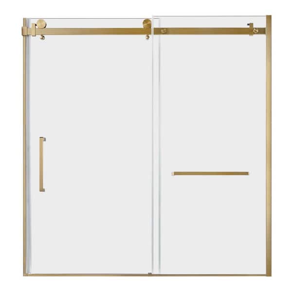 Toledo 57.9 in. W x 60 in. H Semi-Frameless Sliding Shower Door, Brushed Brass, 6mm Clear Glass